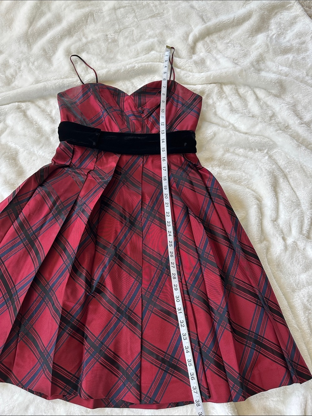 NINE WEST Red Plaid Spaghetti-Strap Party Dress Black Velvet Waistband Sz 10 Fun - Picture 11 of 11